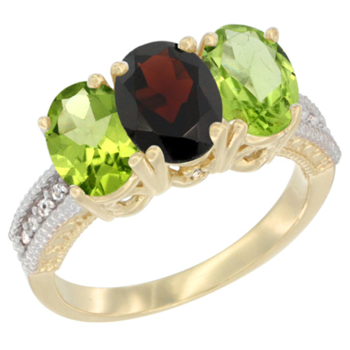14K Yellow Gold Natural Garnet & Peridot Sides Ring 3-Stone 7x5 mm Oval Diamond Accent, sizes 5 - 10