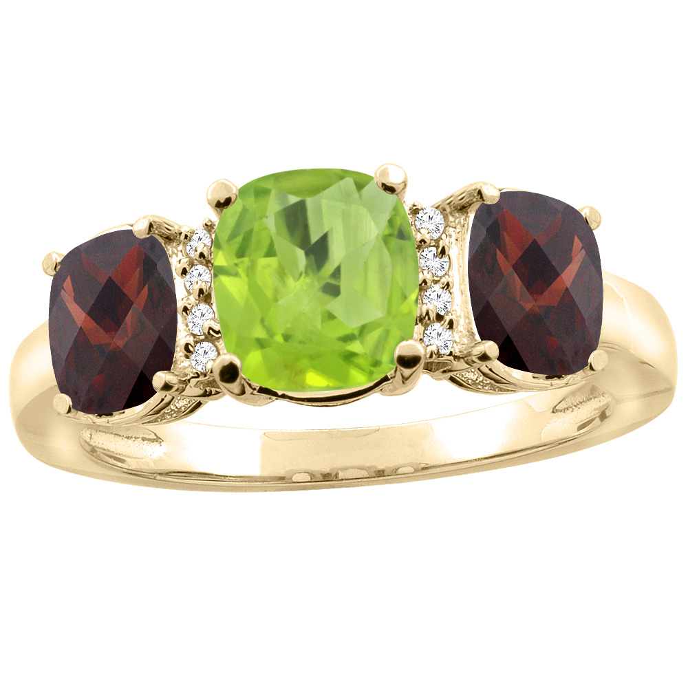 14K Yellow Gold Natural Peridot & Garnet 3-stone Ring Cushion 8x6mm Diamond Accent, sizes 5 - 10