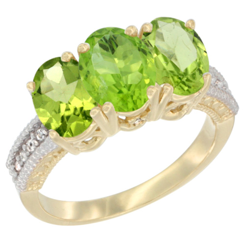 14K Yellow Gold Natural Peridot Ring 3-Stone 7x5 mm Oval Diamond Accent, sizes 5 - 10