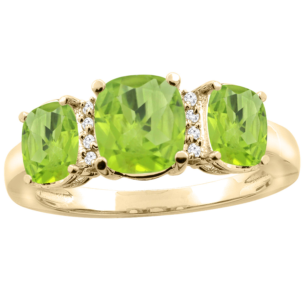 14K Yellow Gold Natural Peridot 3-stone Ring Cushion 8x6mm Diamond Accent, sizes 5 - 10