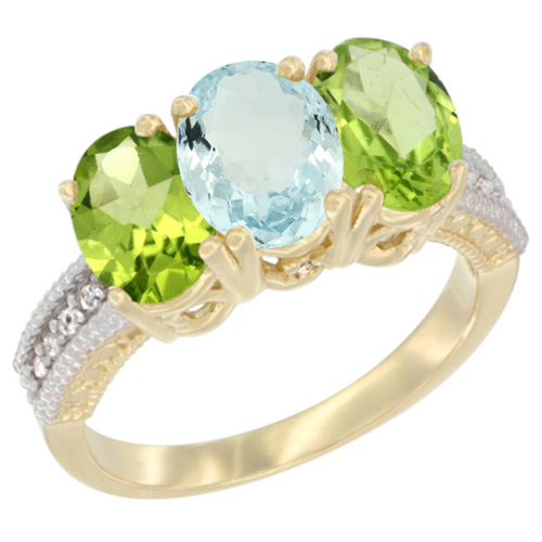 10K Yellow Gold Diamond Natural Aquamarine & Peridot Ring 3-Stone 7x5 mm Oval, sizes 5 - 10