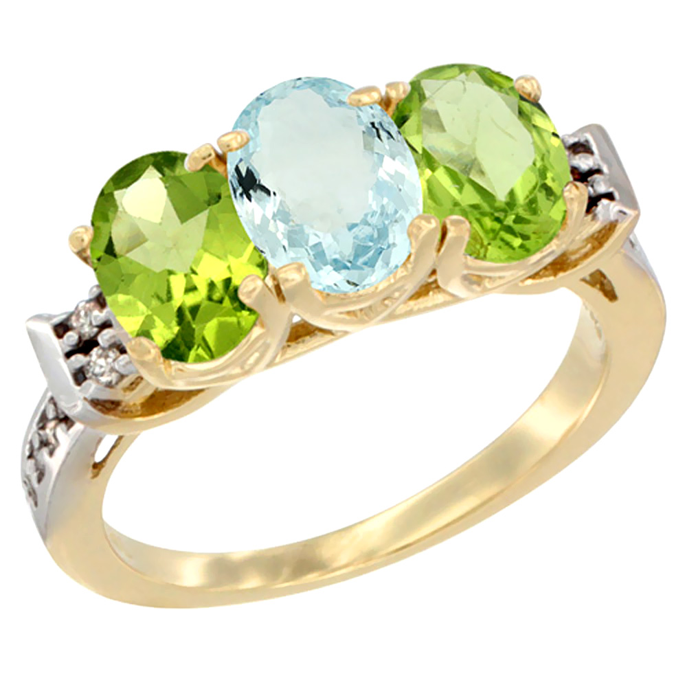 10K Yellow Gold Natural Aquamarine & Peridot Sides Ring 3-Stone Oval 7x5 mm Diamond Accent, sizes 5 - 10