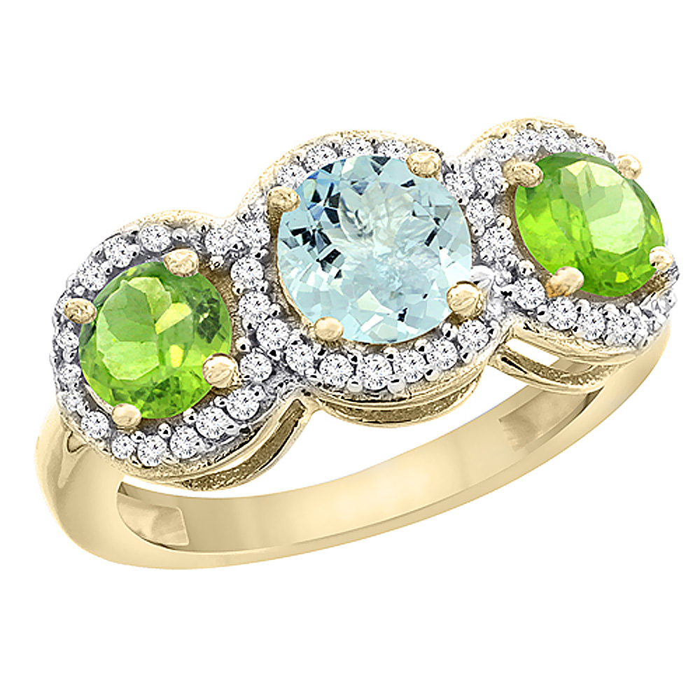 10K Yellow Gold Natural Aquamarine & Peridot Sides Round 3-stone Ring Diamond Accents, sizes 5 - 10