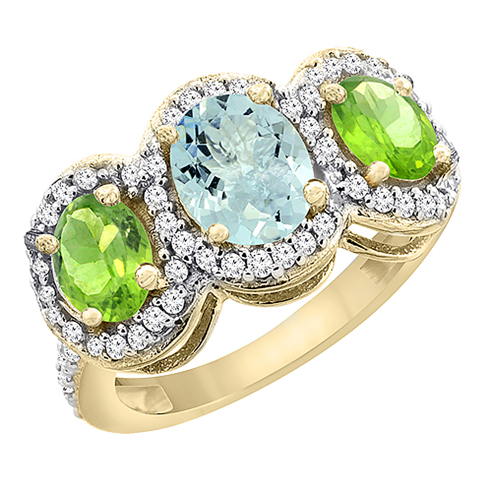 10K Yellow Gold Natural Aquamarine & Peridot 3-Stone Ring Oval Diamond Accent, sizes 5 - 10