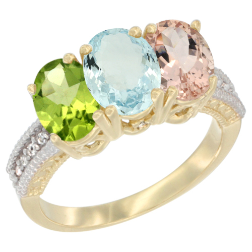 10K Yellow Gold Diamond Natural Peridot, Aquamarine & Morganite Ring 3-Stone 7x5 mm Oval, sizes 5 - 10