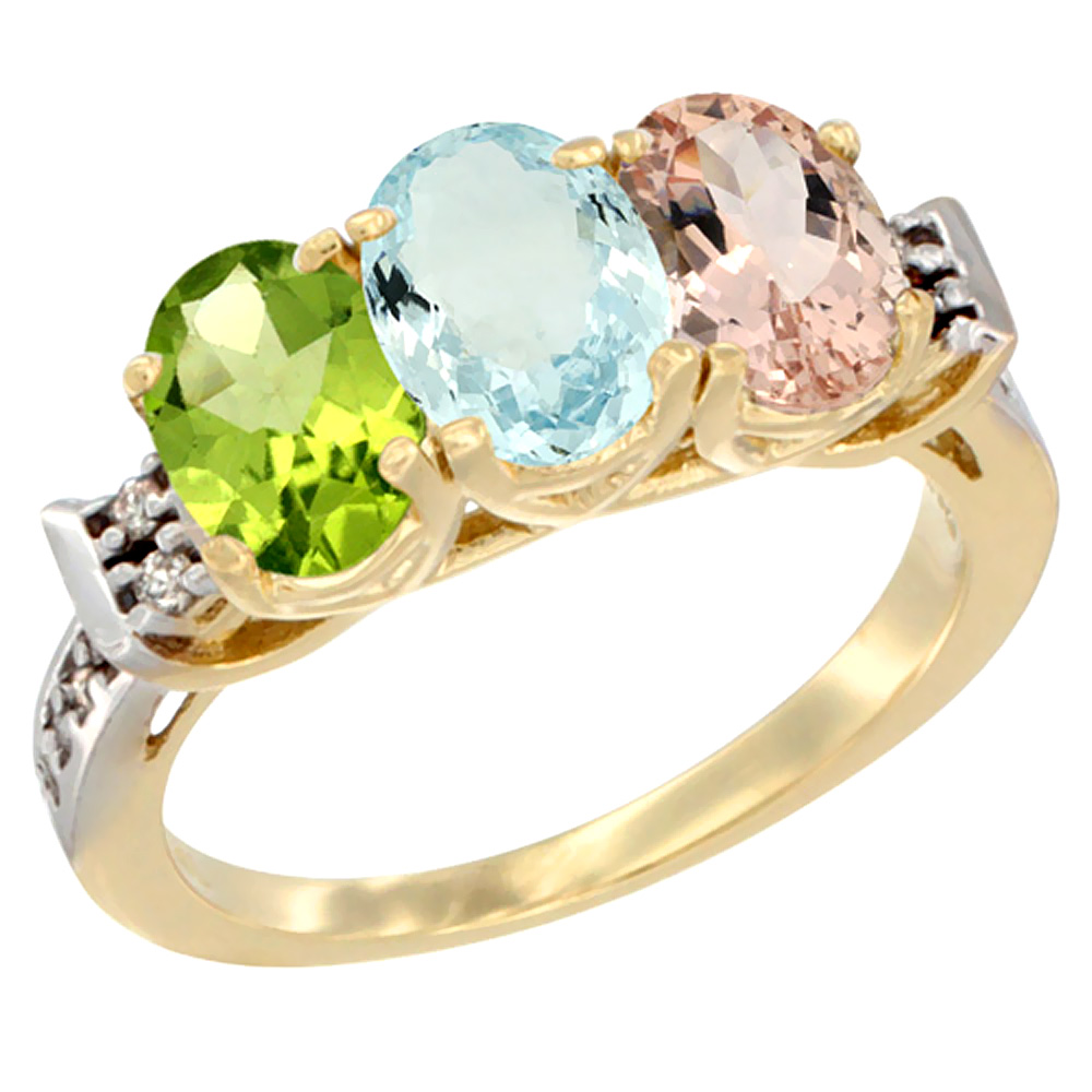 10K Yellow Gold Natural Peridot, Aquamarine & Morganite Ring 3-Stone Oval 7x5 mm Diamond Accent, sizes 5 - 10
