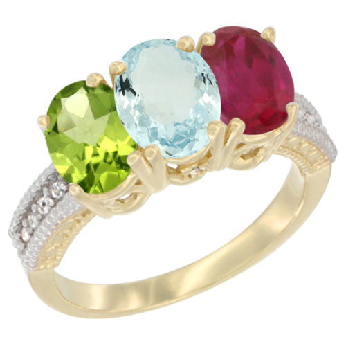10K Yellow Gold Diamond Natural Peridot, Aquamarine & Enhanced Ruby Ring 3-Stone 7x5 mm Oval, sizes 5 - 10