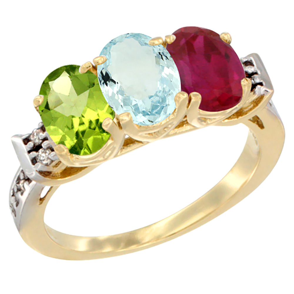 10K Yellow Gold Natural Peridot, Aquamarine & Enhanced Ruby Ring 3-Stone Oval 7x5 mm Diamond Accent, sizes 5 - 10