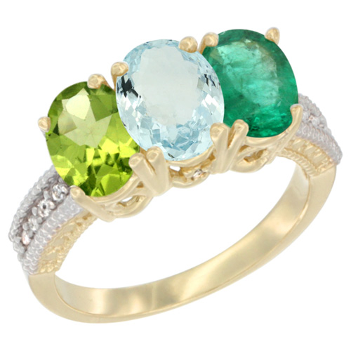 10K Yellow Gold Diamond Natural Peridot, Aquamarine & Emerald Ring 3-Stone 7x5 mm Oval, sizes 5 - 10