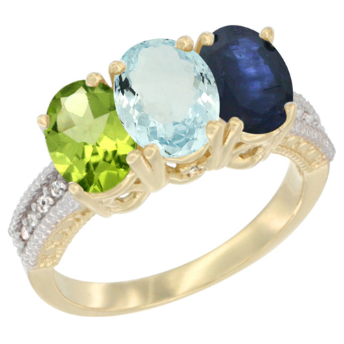 10K Yellow Gold Diamond Natural Peridot, Aquamarine & Blue Sapphire Ring 3-Stone 7x5 mm Oval, sizes 5 - 10