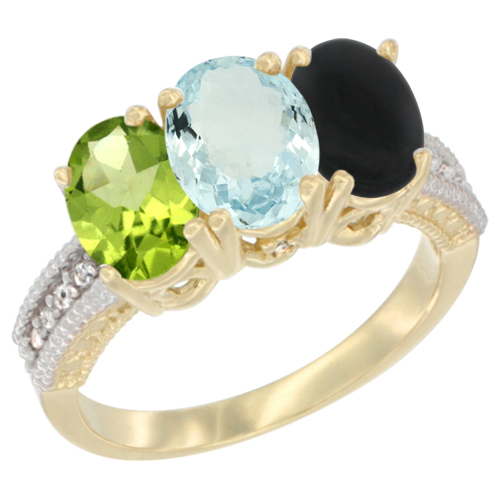 10K Yellow Gold Diamond Natural Peridot, Aquamarine & Black Onyx Ring 3-Stone 7x5 mm Oval, sizes 5 - 10