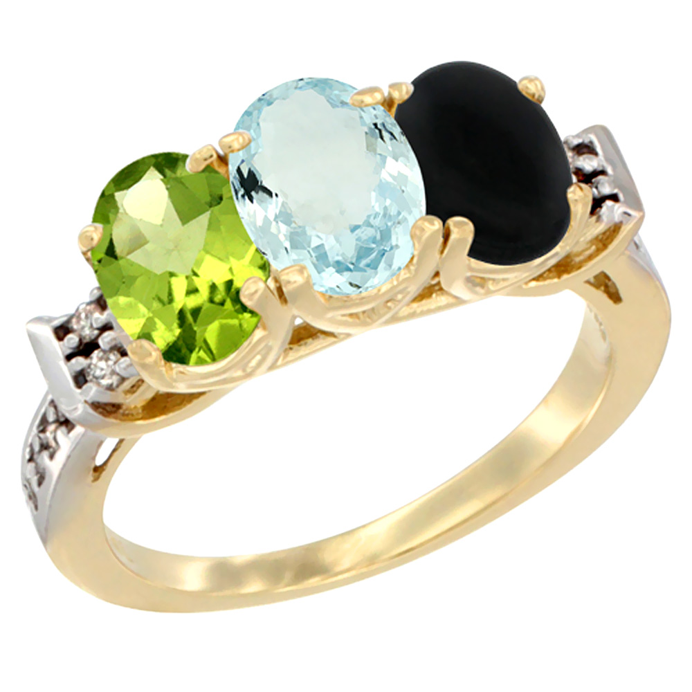 10K Yellow Gold Natural Peridot, Aquamarine & Black Onyx Ring 3-Stone Oval 7x5 mm Diamond Accent, sizes 5 - 10