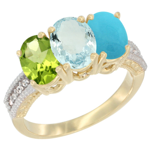 10K Yellow Gold Diamond Natural Peridot, Aquamarine & Turquoise Ring 3-Stone 7x5 mm Oval, sizes 5 - 10