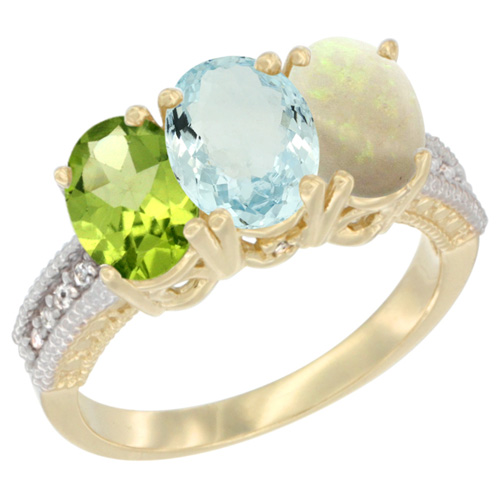 10K Yellow Gold Diamond Natural Peridot, Aquamarine & Opal Ring 3-Stone 7x5 mm Oval, sizes 5 - 10