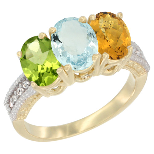 10K Yellow Gold Natural Peridot, Aquamarine & Whisky Quartz Ring 3-Stone Oval 7x5 mm, sizes 5 - 10