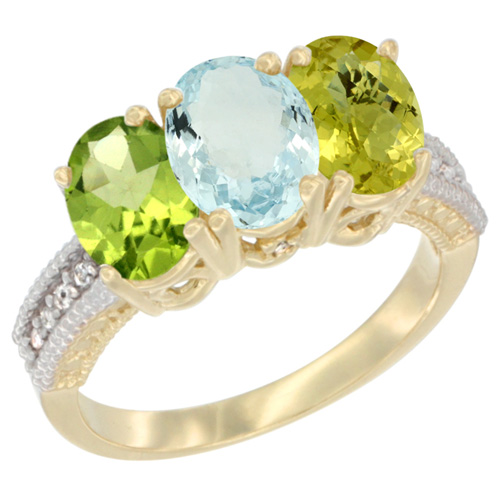 10K Yellow Gold Natural Peridot, Aquamarine & Lemon Quartz Ring 3-Stone Oval 7x5 mm, sizes 5 - 10