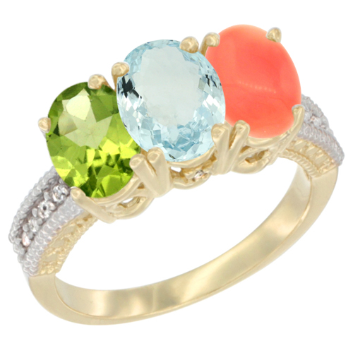 10K Yellow Gold Natural Peridot, Aquamarine & Coral Ring 3-Stone Oval 7x5 mm, sizes 5 - 10
