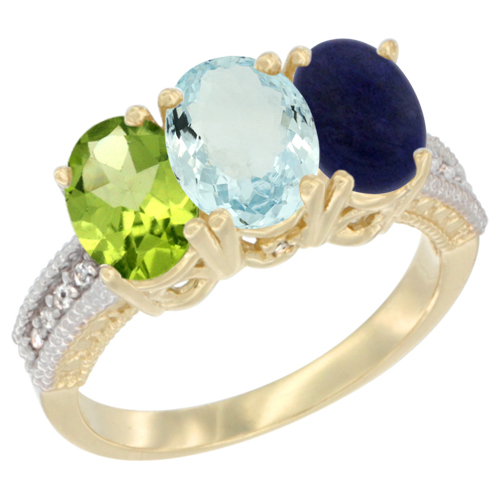 10K Yellow Gold Natural Peridot, Aquamarine & Lapis Ring 3-Stone Oval 7x5 mm, sizes 5 - 10