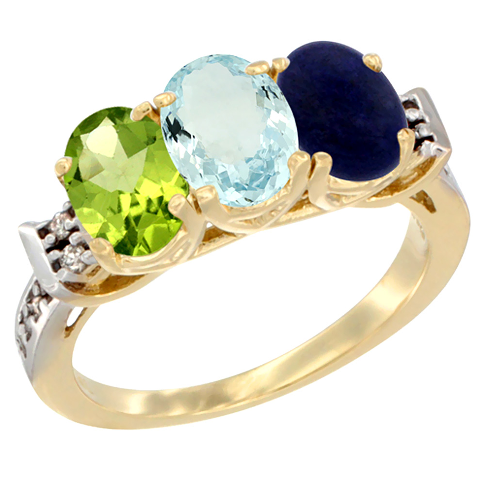 10K Yellow Gold Natural Peridot, Aquamarine & Lapis Ring 3-Stone Oval 7x5 mm Diamond Accent, sizes 5 - 10