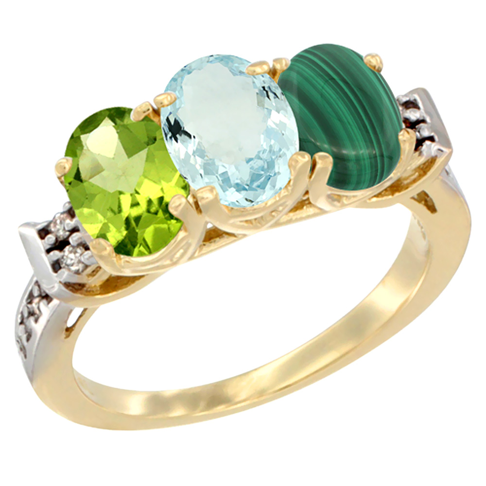 10K Yellow Gold Natural Peridot, Aquamarine & Malachite Ring 3-Stone Oval 7x5 mm Diamond Accent, sizes 5 - 10