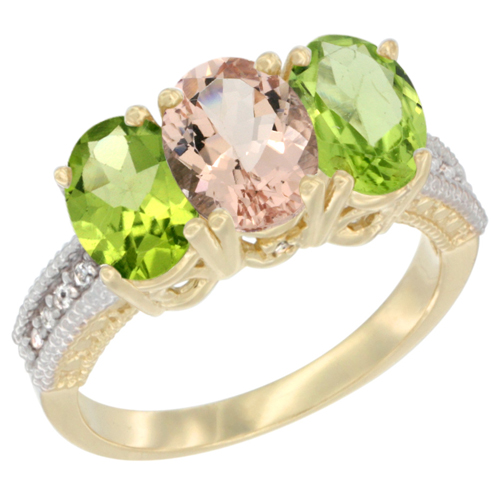 14K Yellow Gold Natural Morganite & Peridot Sides Ring 3-Stone Oval 7x5 mm Diamond Accent, sizes 5 - 10