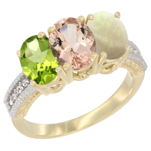 14K Yellow Gold Natural Peridot, Morganite & Opal Ring 3-Stone Oval 7x5 mm Diamond Accent, sizes 5 - 10