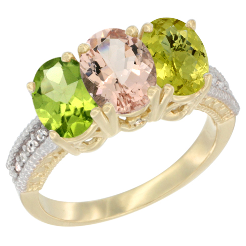 14K Yellow Gold Natural Peridot, Morganite & Lemon Quartz Ring 3-Stone Oval 7x5 mm Diamond Accent, sizes 5 - 10