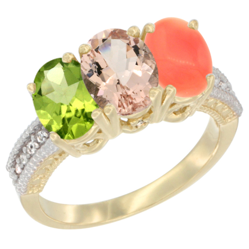 14K Yellow Gold Natural Peridot, Morganite & Coral Ring 3-Stone Oval 7x5 mm Diamond Accent, sizes 5 - 10