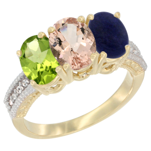 14K Yellow Gold Natural Peridot, Morganite & Lapis Ring 3-Stone Oval 7x5 mm Diamond Accent, sizes 5 - 10