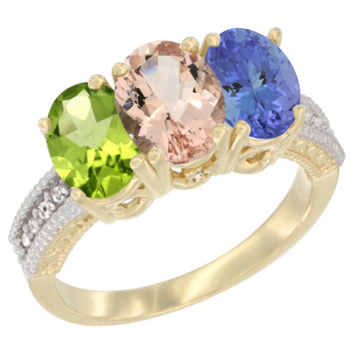 14K Yellow Gold Natural Peridot, Morganite & Tanzanite Ring 3-Stone Oval 7x5 mm Diamond Accent, sizes 5 - 10