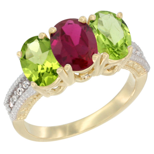 14K Yellow Gold Enhanced Enhanced Ruby & Natural Peridot Sides Ring 3-Stone Oval 7x5 mm Diamond Accent, sizes 5 - 10