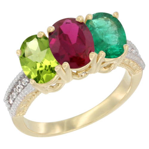 14K Yellow Gold Natural Peridot, Enhanced Ruby & Natural Emerald Ring 3-Stone Oval 7x5 mm Diamond Accent, sizes 5 - 10