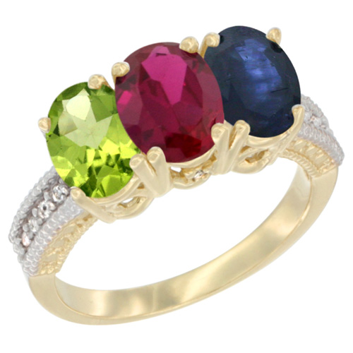 10K Yellow Gold Natural Peridot, Enhanced Ruby & Blue Sapphire Ring 3-Stone Oval 7x5 mm, sizes 5 - 10