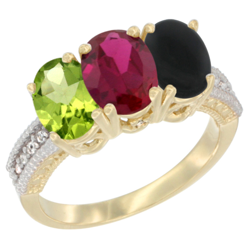 10K Yellow Gold Natural Peridot, Enhanced Ruby & Black Onyx Ring 3-Stone Oval 7x5 mm, sizes 5 - 10