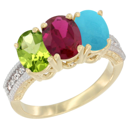 10K Yellow Gold Natural Peridot, Enhanced Ruby & Turquoise Ring 3-Stone Oval 7x5 mm, sizes 5 - 10