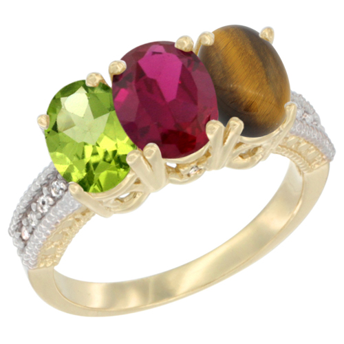 10K Yellow Gold Natural Peridot, Enhanced Ruby & Tiger Eye Ring 3-Stone Oval 7x5 mm, sizes 5 - 10