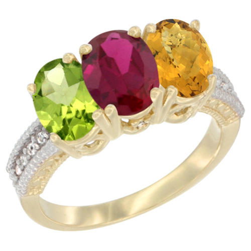 10K Yellow Gold Natural Peridot, Enhanced Ruby & Whisky Quartz Ring 3-Stone Oval 7x5 mm, sizes 5 - 10