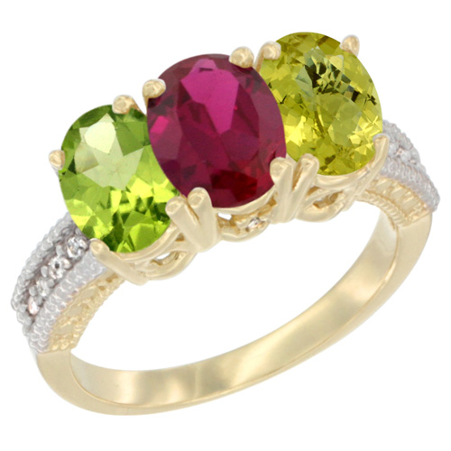 14K Yellow Gold Natural Peridot, Enhanced Ruby & Natural Lemon Quartz Ring 3-Stone Oval 7x5 mm Diamond Accent, sizes 5 - 10
