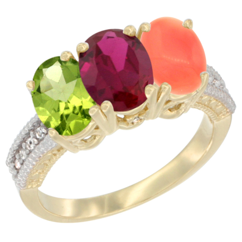 14K Yellow Gold Natural Peridot, Enhanced Ruby & Natural Coral Ring 3-Stone Oval 7x5 mm Diamond Accent, sizes 5 - 10