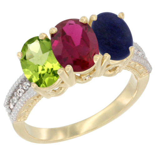 14K Yellow Gold Natural Peridot, Enhanced Ruby & Natural Lapis Ring 3-Stone Oval 7x5 mm Diamond Accent, sizes 5 - 10