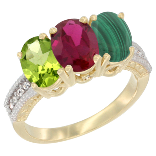 14K Yellow Gold Natural Peridot, Enhanced Ruby & Natural Malachite Ring 3-Stone Oval 7x5 mm Diamond Accent, sizes 5 - 10