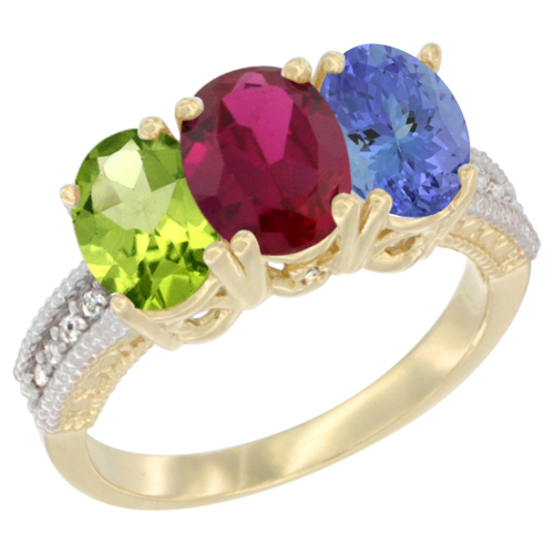 14K Yellow Gold Natural Peridot, Enhanced Ruby & Natural Tanzanite Ring 3-Stone Oval 7x5 mm Diamond Accent, sizes 5 - 10