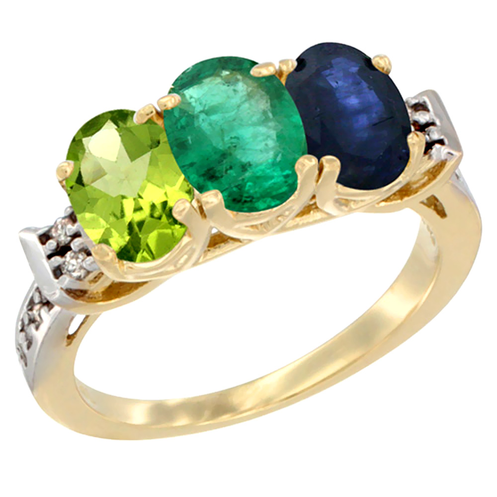 14K Yellow Gold Natural Peridot, Emerald & Blue Sapphire Ring 3-Stone Oval 7x5 mm Diamond Accent, sizes 5 - 10