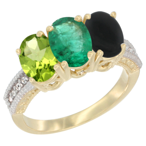 14K Yellow Gold Natural Peridot, Emerald & Black Onyx Ring 3-Stone Oval 7x5 mm Diamond Accent, sizes 5 - 10