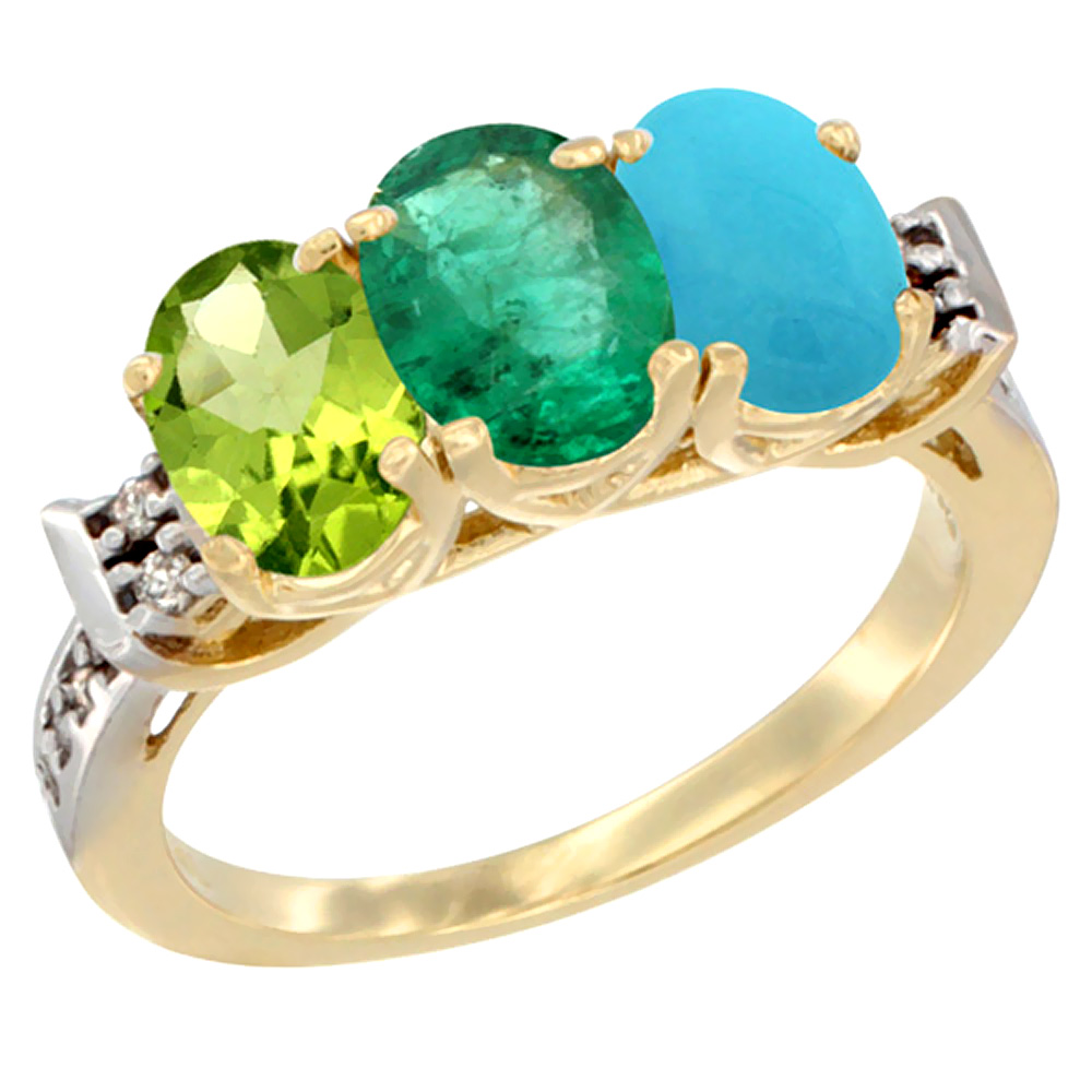 14K Yellow Gold Natural Peridot, Emerald & Turquoise Ring 3-Stone Oval 7x5 mm Diamond Accent, sizes 5 - 10