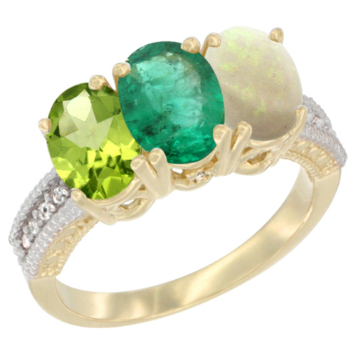 14K Yellow Gold Natural Peridot, Emerald & Opal Ring 3-Stone Oval 7x5 mm Diamond Accent, sizes 5 - 10