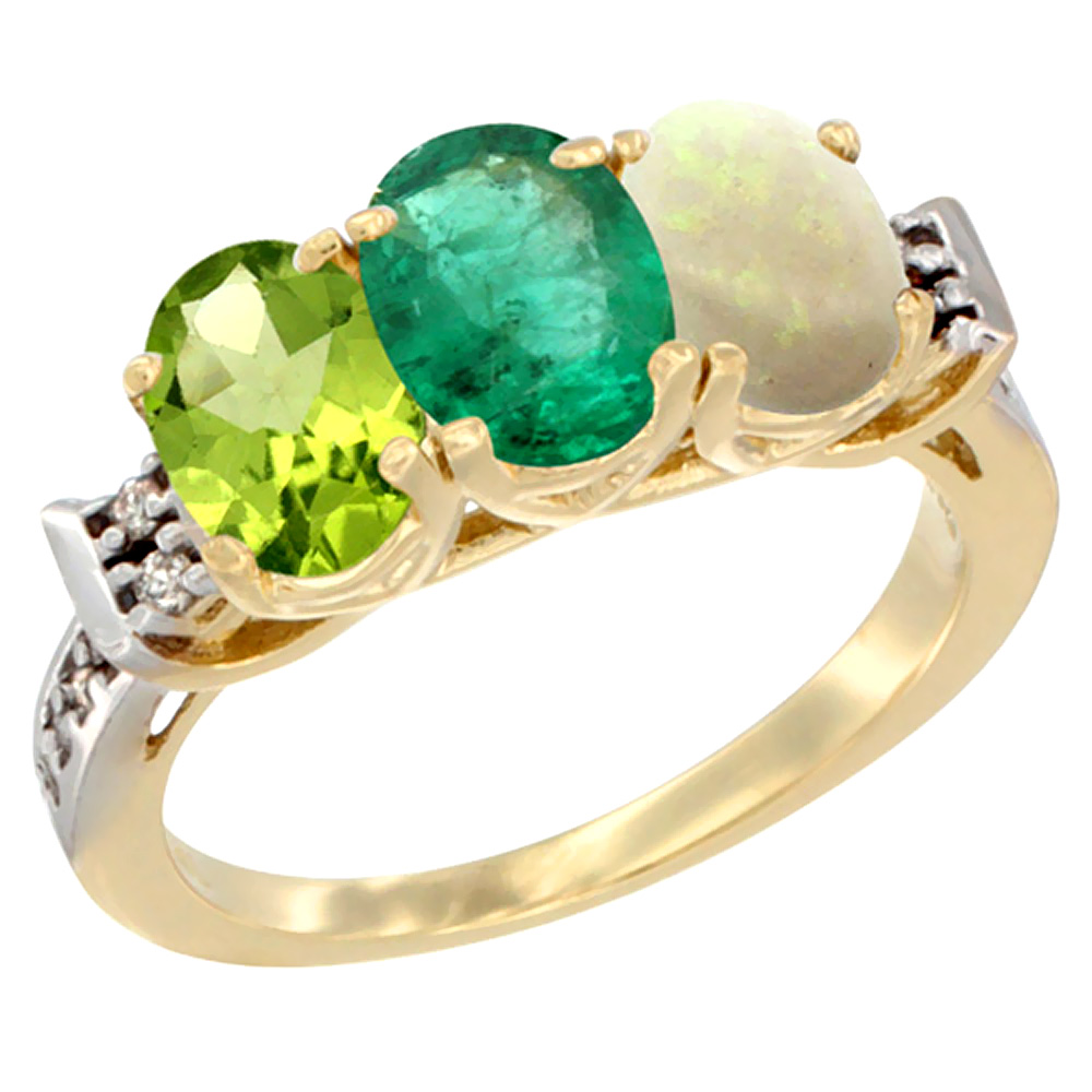 14K Yellow Gold Natural Peridot, Emerald & Opal Ring 3-Stone Oval 7x5 mm Diamond Accent, sizes 5 - 10