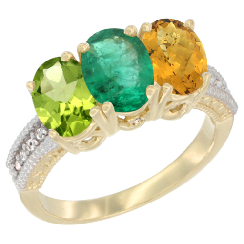 14K Yellow Gold Natural Peridot, Emerald & Whisky Quartz Ring 3-Stone Oval 7x5 mm Diamond Accent, sizes 5 - 10