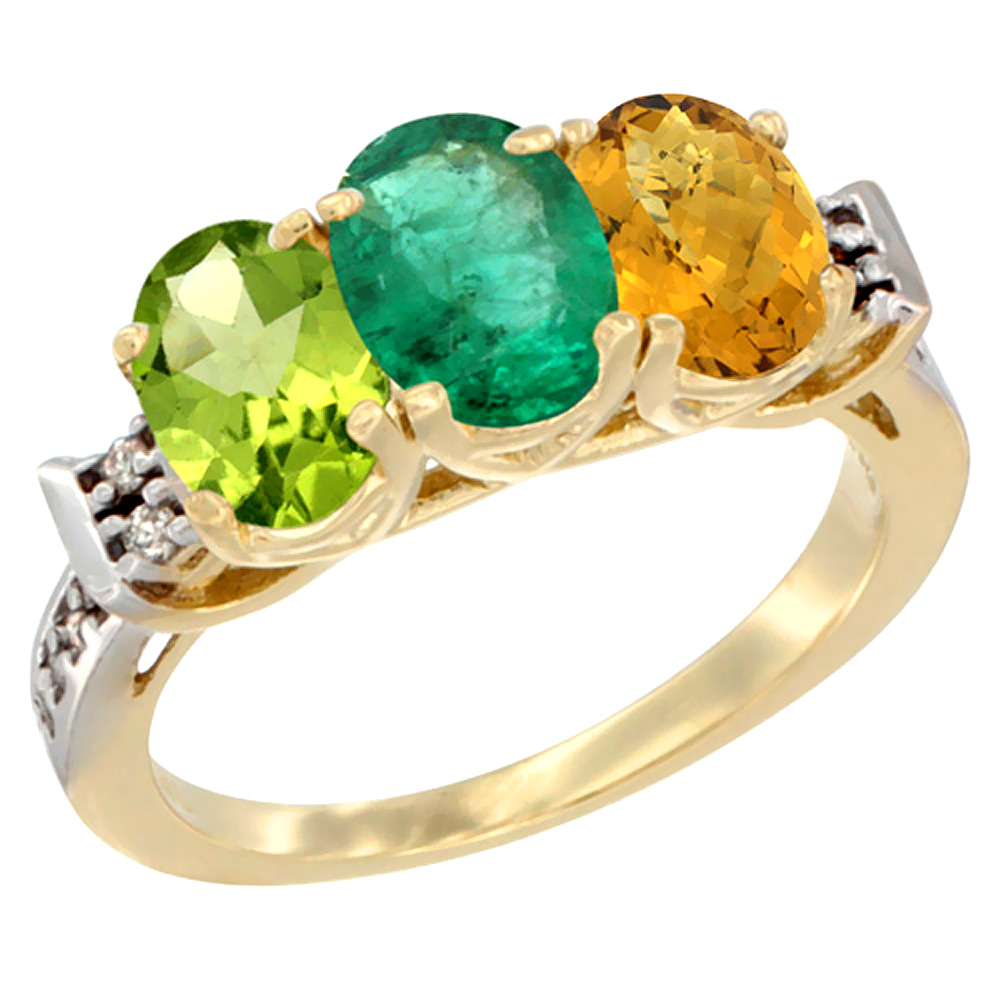14K Yellow Gold Natural Peridot, Emerald & Whisky Quartz Ring 3-Stone Oval 7x5 mm Diamond Accent, sizes 5 - 10