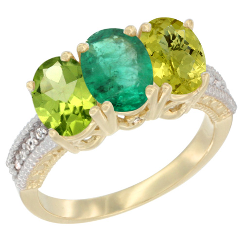 14K Yellow Gold Natural Peridot, Emerald & Lemon Quartz Ring 3-Stone Oval 7x5 mm Diamond Accent, sizes 5 - 10